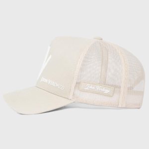 Boné trucker de tela e brim bege - Lateral