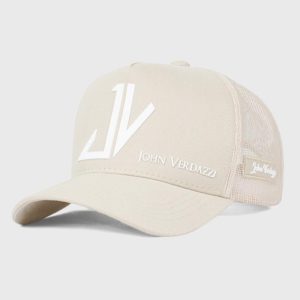 Boné trucker de tela e brim bege - Perfil